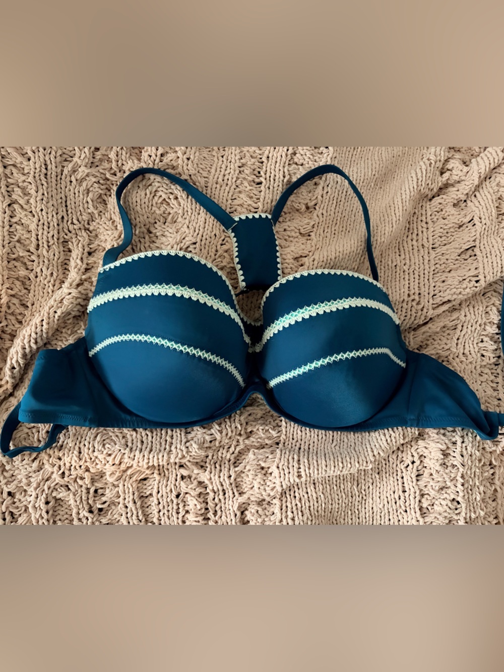 Shade & Shore Teal Blue Bikini Top with White Lace